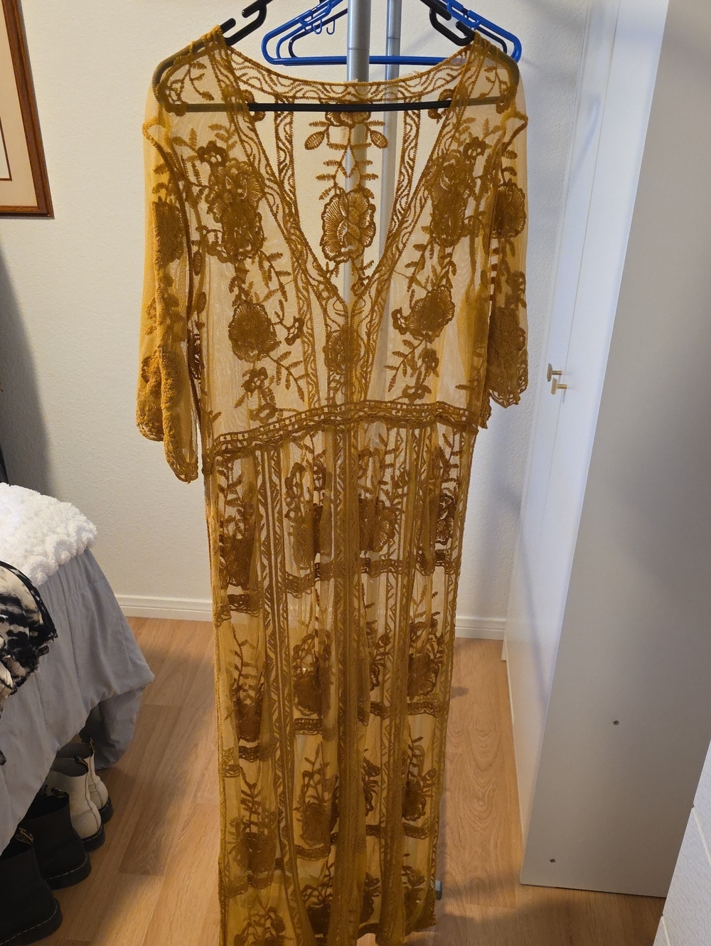 Mustard Yellow Embroidered Sheer Maxi Dress